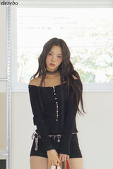 Pearl Burton Shirring V-neck Long Sleeve T-shirt