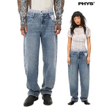 Double-waisted blue jeans