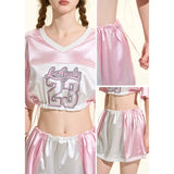 [GirlyFancyClub] Sweet and Cool Girl Color-block Quick-dry Satin Sporty Style Dual-wear Loose T-shirt
