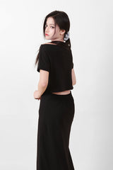 オフショルダースリットロングワンピース Black