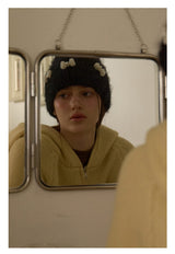 Pearl Ribbon Furry Knit Beanie