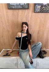 Black Stitch Unbalanced Off-Shoulder Strap Short Sleeve T-Shirt