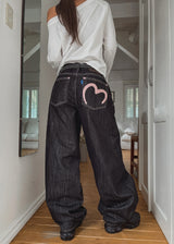 Heart pink stitch indigo denim pants