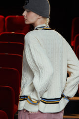 CABLE V NECK CRICKET KNIT / IVORY