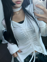 SCARF SET🧸SHRING RUFFLE SLICK POINT SLIM LONG SLEEVE T SHIRT 🧸🤍🖤🩶3COLOR