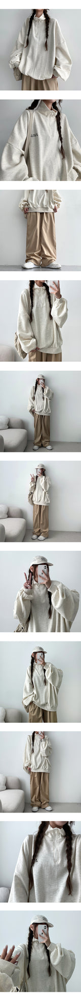 Poku Cat Embroidery Semi-Zipup Sweatshirt (4 colors)