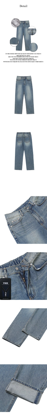 [S-XL] Light blue half banding denim pants