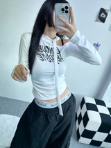 スカーフポイントシャーリングセミクロップレタリングロングスリーブ T🖤💙🤍🤎 - 4 カラーズ