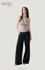 Shphone check holder neck mint-sleeved blouse Top 
