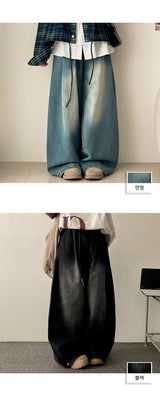 Flex waist string two-pin tuck snap wide denim pants