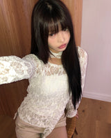 Diven Flower Pattern Sheer Lace Blouse Set