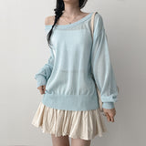 Unbalanced Shoulder Linen Long-Sleeved Knitwear T (4 colors) 