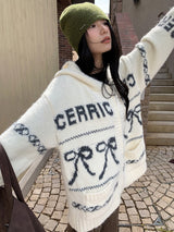 Bow Wide Hooded Knitwear Zip-Up Cardigan