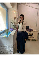 Lace shirring two-piece long-sleeved blouse T-shirt
