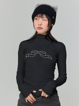リボンキュービックタートルネックTシャツ - ブラック,ネイビー