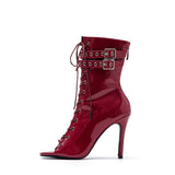Buckle Patent Lace-Up Open Toe Heel(Red)