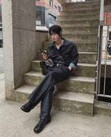 Friendly Pintuck Trucker Denim Jacket Pants Set