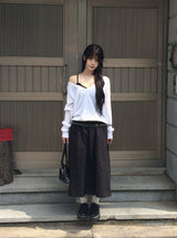 Curly Flare Cotton Banding Long Skirt