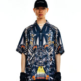 [UNISEX] Automobile Parts Camp-Collar Printed Shirt (Black)