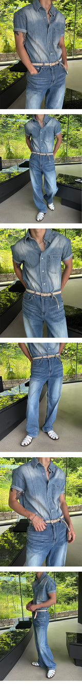 [MUSCLE FIT] Slit snap button denim shirts (3color)