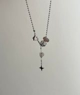 yio Gray gemstone heart Rondell star Surgical two way y Beads Bold Choker Short Layered Necklace