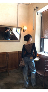 Black bag see-through pad bow long-sleeved shirt