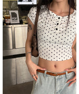 クロップドットフリルヘンリーハーフTシャツ