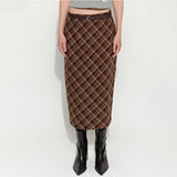 Slit Checked Long Skirt Brown