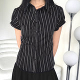 Giol Geek chic Stripe Shirring Puff Short-Sleeved Shirt
