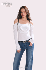 Tul off-shoulder frill long-sleeve tee 