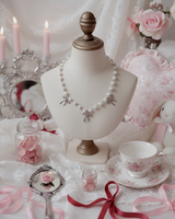 [IVE Rei Necklace] Three Ribbons Pearl Choker Necklace - Silver Color