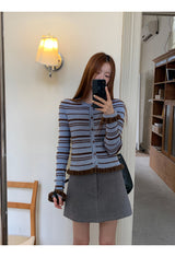 Blue stripe frill long-sleeved cardigan