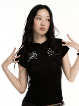 CONFUNエンブロイダードシルバースレッドパターネッドデザインセミトランスパレントリネンTシャツ