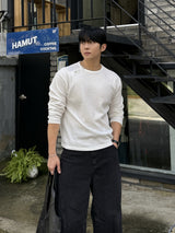 Waffle diagonal button crop long-sleeve t-shirt