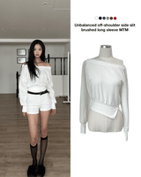 Unbalanced off-shoulder side slit brushed long sleeve sweatshirt (6 colors)