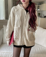 [wool30%] ウッズケーブル ツーウェイニット フード付きジップアップ