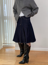 Dark blue raw cotton flared pleats midi skirt