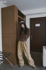 wool cotton shirring checkered long-sleeved shirt