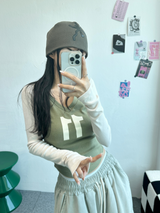 VネックデニムクロッププリントロゴスリーブT💚💙 - 2 カラーズ