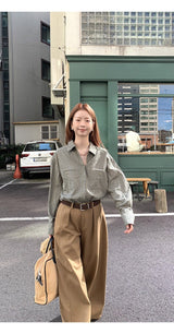 グリーンチェック柄フレアルーズフィットシャツ