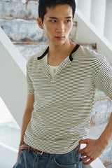 Stripe slim henley neck half t-shirts(Ivory)