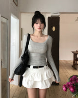 [U-BASIC] Marron Square Neck Slim Long Sleeve