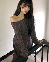 へリンストライプフリルロングスリーブTシャツ