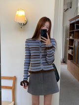 Blue stripe frill long-sleeved cardigan