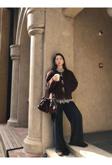 wool no collar brown button fur jacket