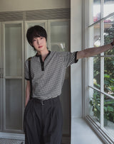 Yushi ストライプヘンリーネック半袖Tシャツ
