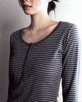 Henley Neck Long Sleeve Stripe Charcoal