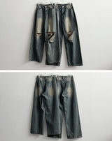 Andy Knee Damage Cutting Deep Washed Denim Wide Pants