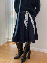 Dark blue raw cotton flared pleats midi skirt