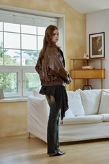 PAMELA LEATHER BOMBER JACKET / BROWN